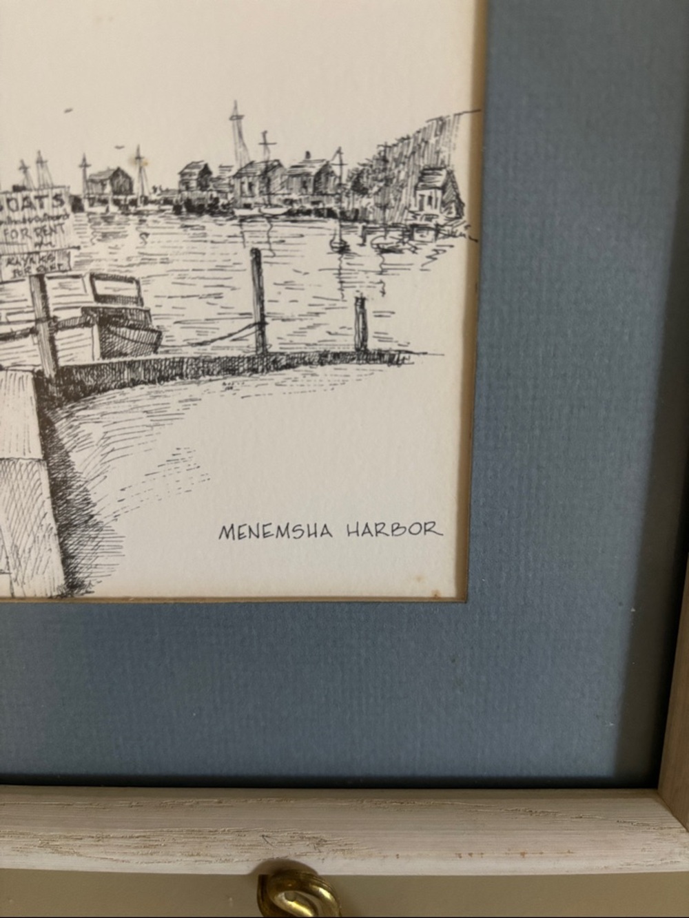 Framed Harbor Pen & Ink Art Print of Menemsha Harbor, 9” x 11” Framed - Picture 2 of 6